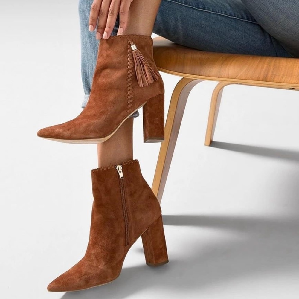 WHBM Kamina Suede Whipstitch Bootie Ankle Block Heel Pointed‎ Toe | Women's 9.5
